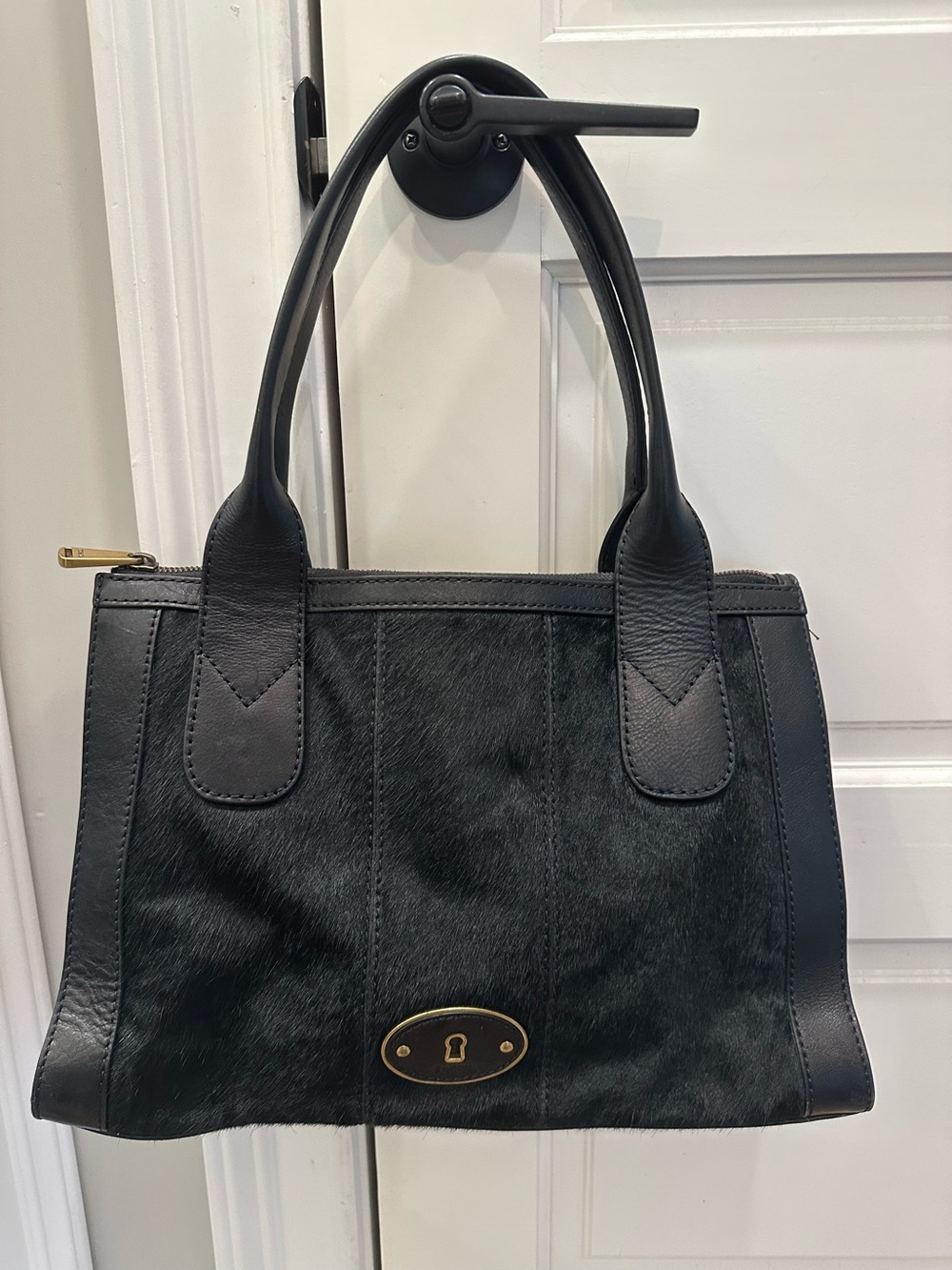FOSSIL Vintage Reissue BLACK Leather with Fur Satchel Shoulder Handbag Med-Large